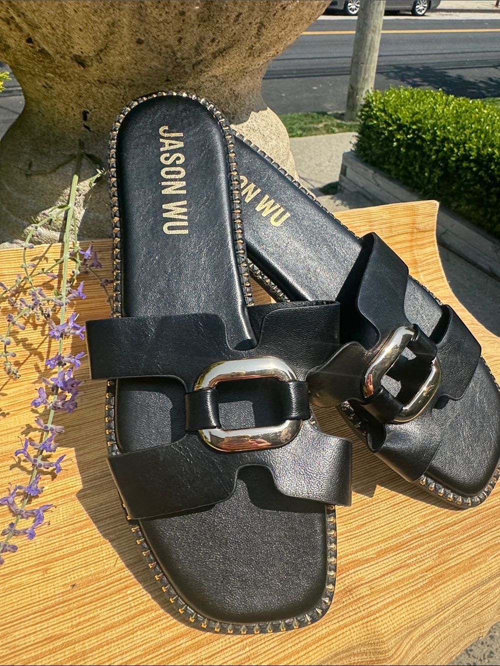 Jason Wu Black Leather Slide Mules with Silver Buckle Detail 8M